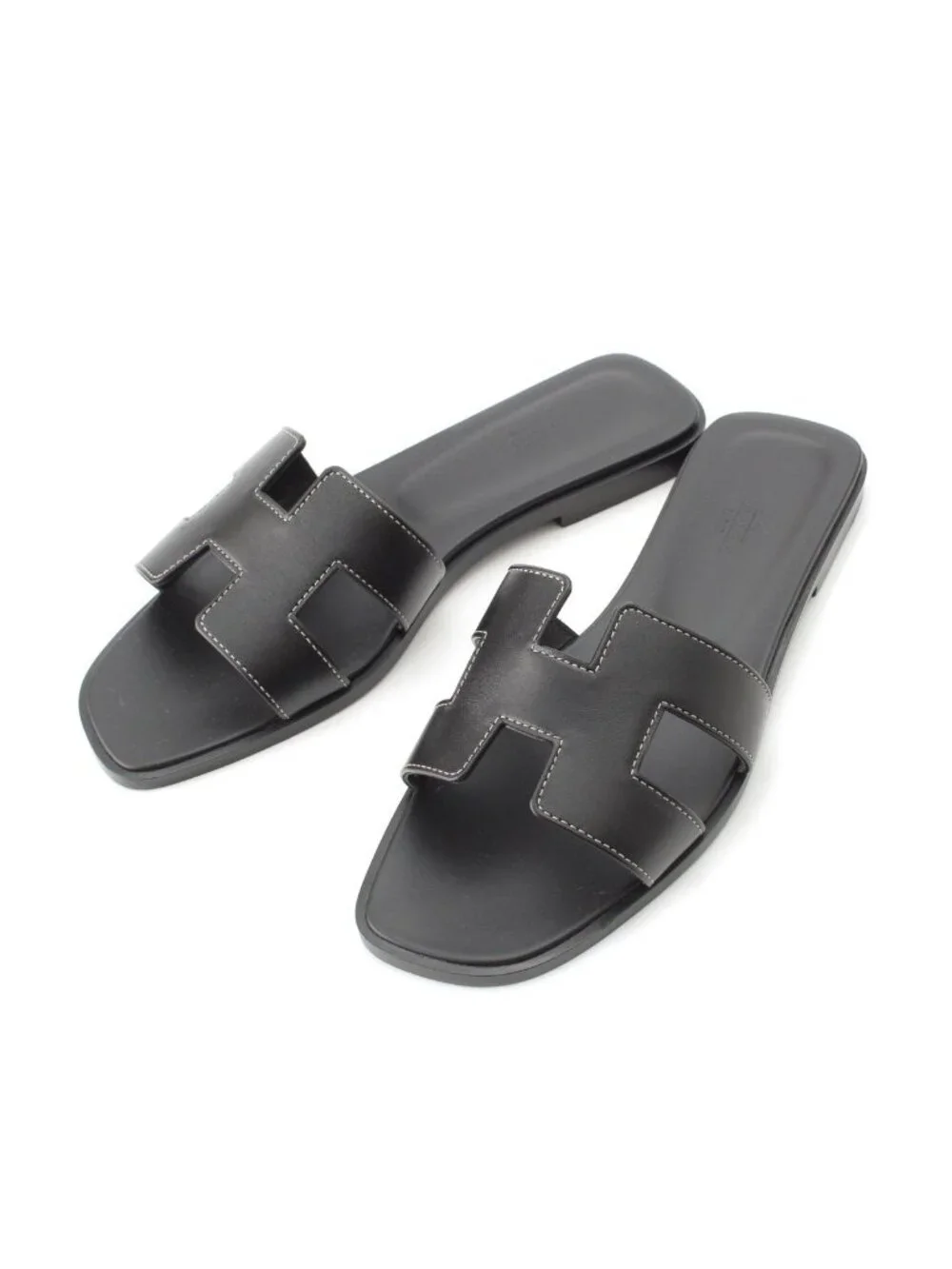 Hermes Oran Leather Sandals Noir